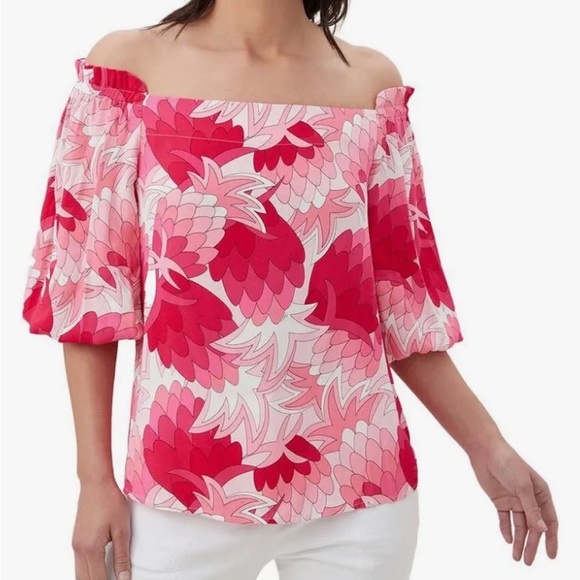 Trina Turk Tops - NWT Trina Turk Equinox 2 Off Shoulder  Top Flower Child Pink and Red Pattern